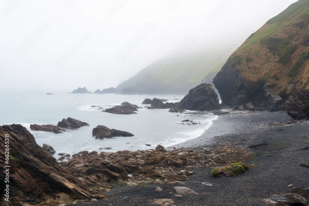 a foggy coastline without any footprints or wildlife a foggy coastline without any footprints or wildlife