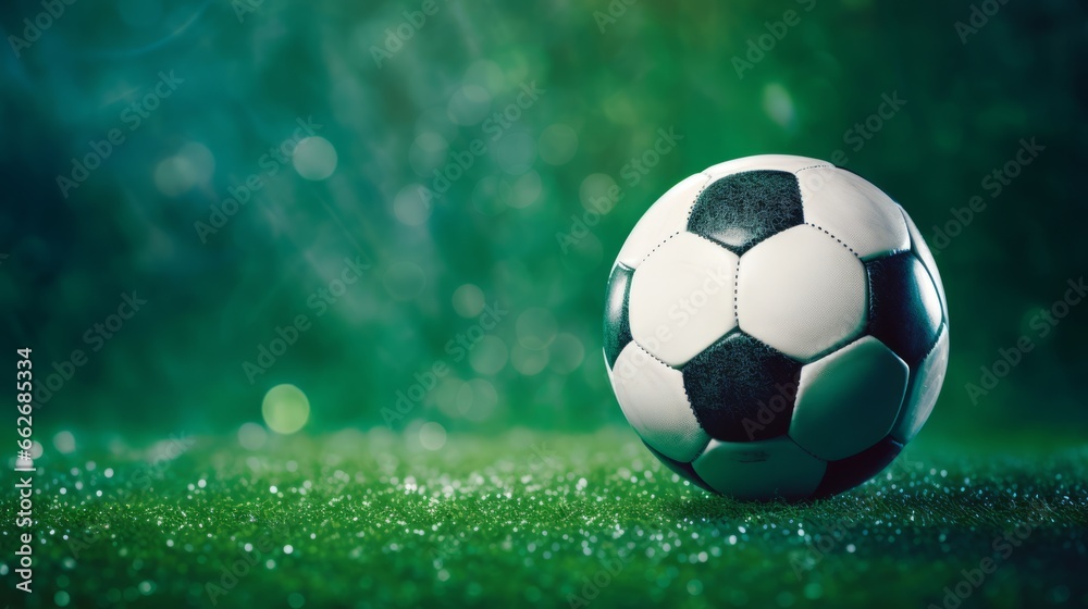Naklejka premium Soccer ball on green grass, Generative AI