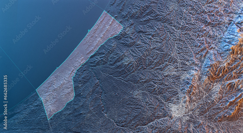Fototapeta premium 3D map of Gaza strip with exaggerated topographic relief and borders. Detailed physical map of the Palestinian exclave. World atlas, Israel, Palestine physical geography map. Middle East countries