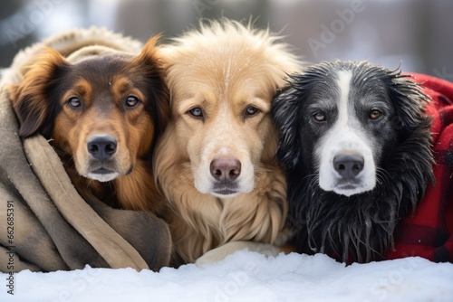 dogs huddled together in cold weather