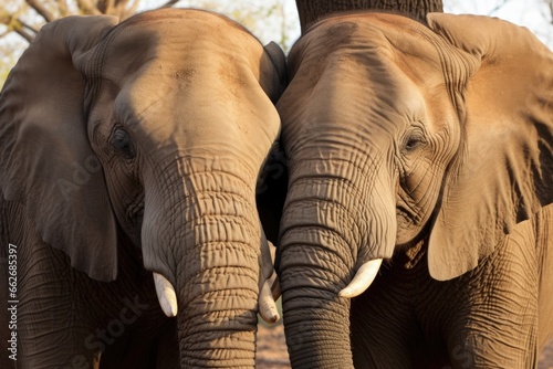 two elephants intertwining trunks