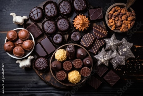 flat lay of an assortment of chocolates on a dark wooden table