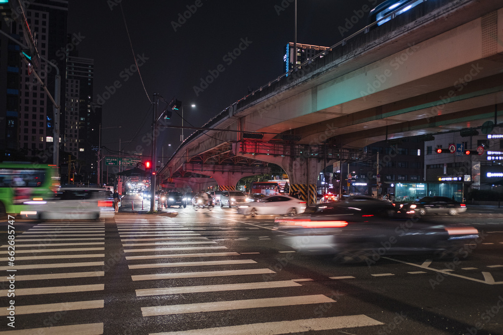 traffic at underpass at night in seoul