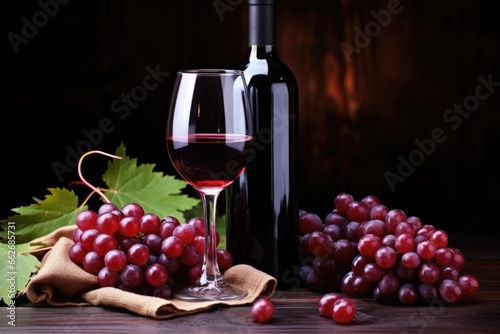 red wine bottle and grapes on a table