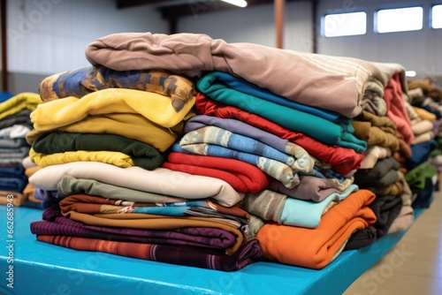 pile of blankets folded neatly, ready for distribution