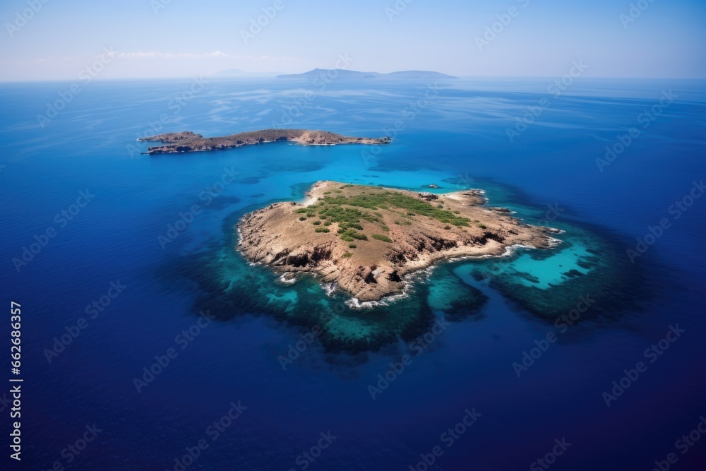 high-altitude shot of an island surrounded by blue sea