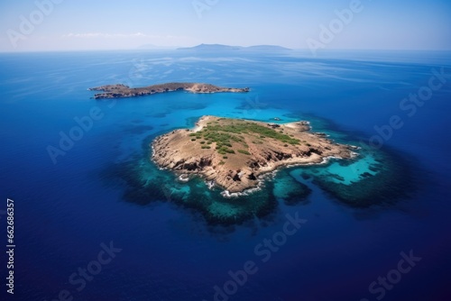 high-altitude shot of an island surrounded by blue sea