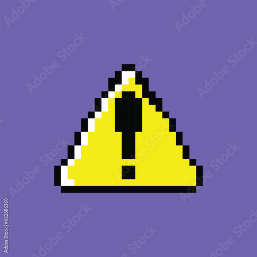 Cartoon Pixel Yellow Warning Attention Sign with Exclamation Mark Technology Pc Concept Flat Design Style. Vector illustration