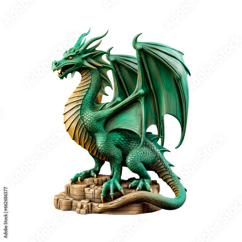 Green dragon sculpture. Isolated on transparent background.