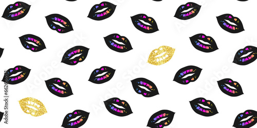 Black lips with rainbow highlights and golden lips with glitter texture on a white background. Endless texture with woman lips. Vector seamless pattern for wrapping paper, giftwrap and surface texture