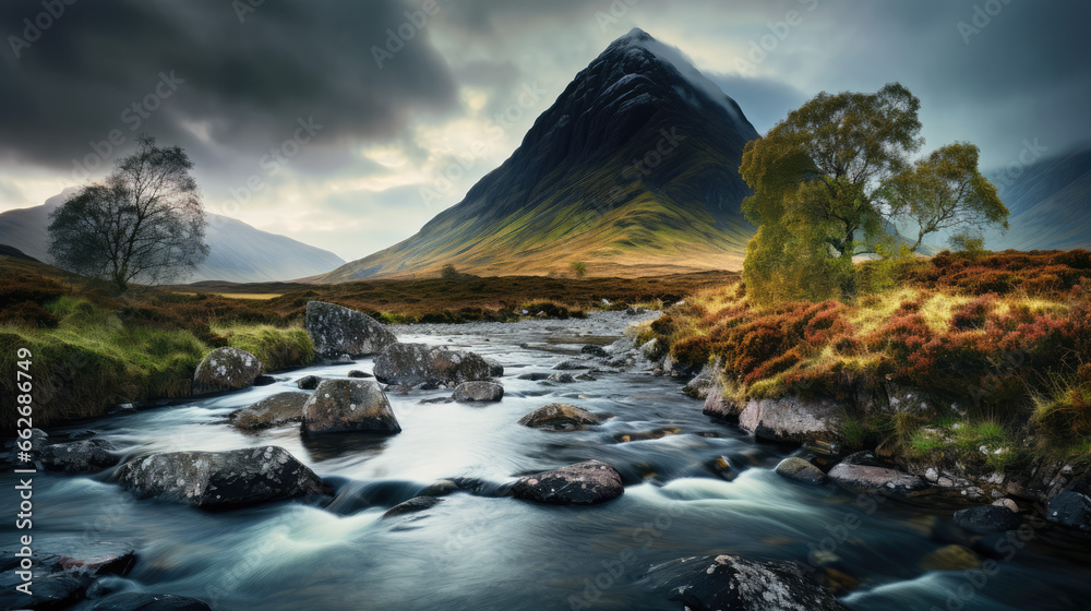 Scottish highlands and Glen Etive feel. Calm river and iconic triangle mountain.