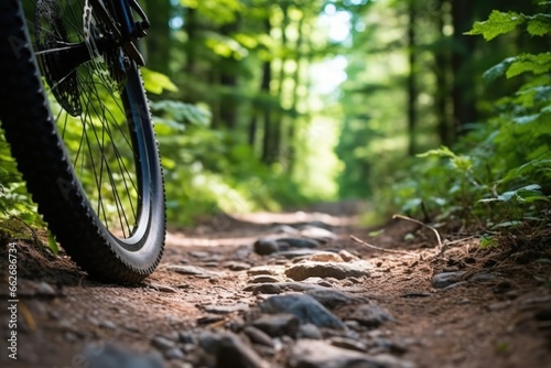 close-up of a cycles wheel with a backdrop of a forest trail