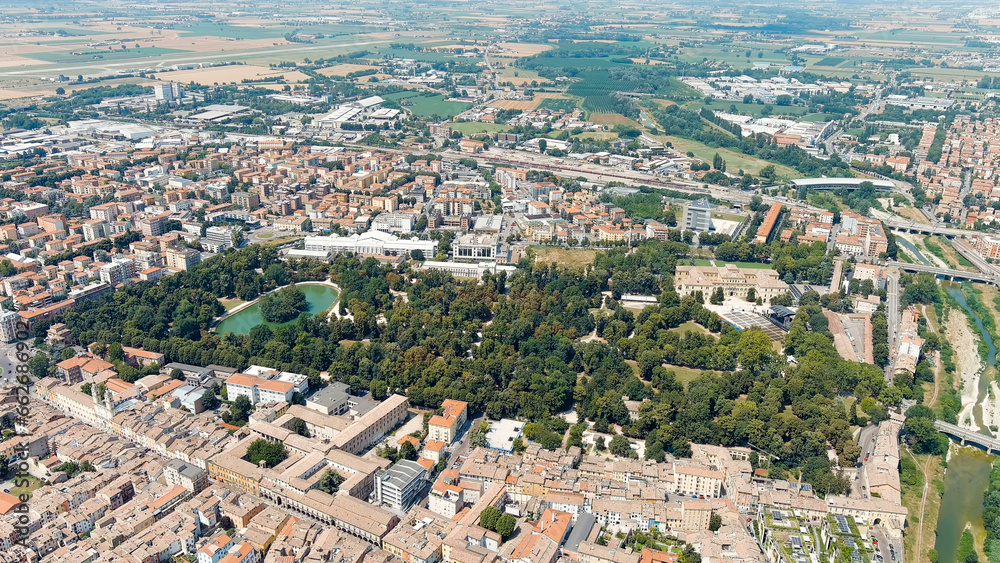 Parma, Italy. The historical center of Parma. City park - Parco Ducale. Panorama of the city from the air. Summer day, Aerial View