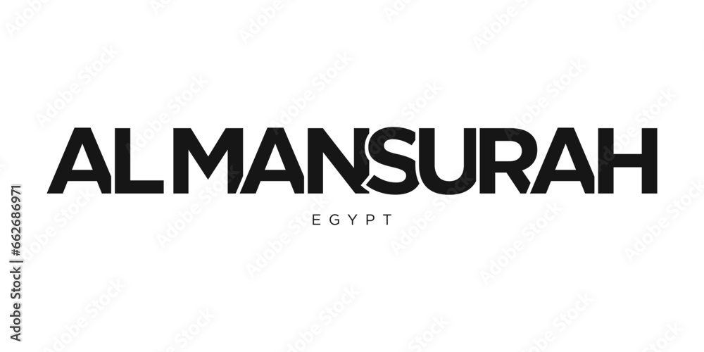 Al Mansurah in the Egypt emblem. The design features a geometric style, vector illustration with bold typography in a modern font. The graphic slogan lettering.