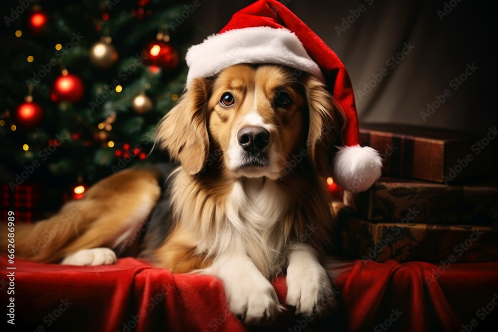 A cute family dog in a Santa Claus hat sitting next to a Christmas tree and presents