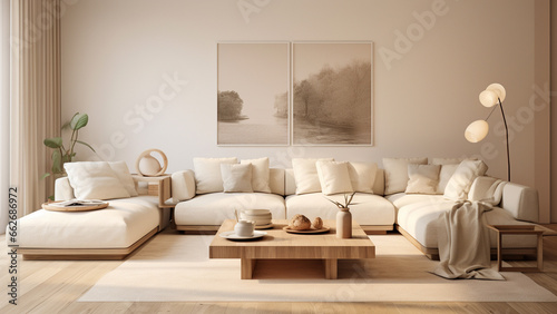 Minimalist beige living room interior with a warm atmosphere