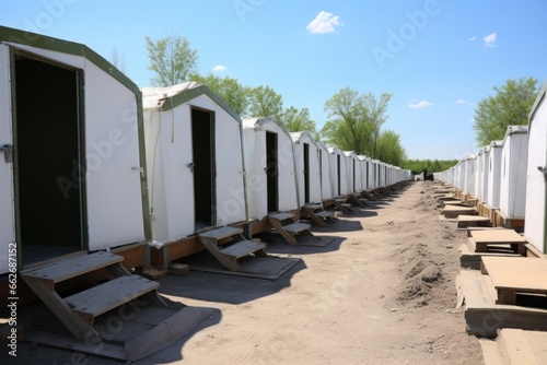 a row of temporary latrines in a camp photo