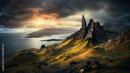 Breathtaking sunrise at Old Man of Storr in Scottish highlands. Wonderful view on this rock formation. © Hans