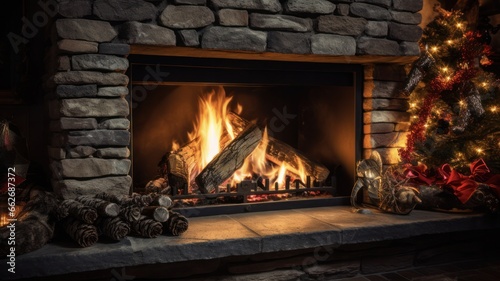 Warm and Cozy Christmas Fireplace with Burning Fire and Logs for Holiday Home