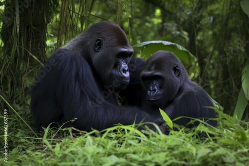 gorillas grooming each other in a forest © altitudevisual