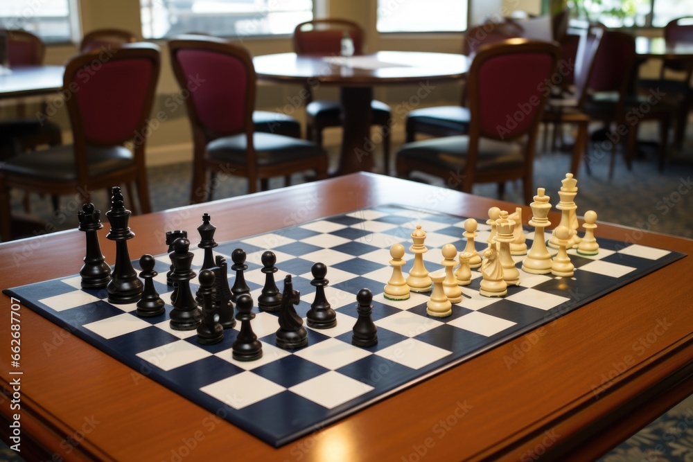 two chess sets on different tables, no players - obrazy, fototapety, plakaty 