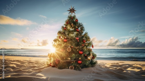 Festive Christmas Tree adorned with ornaments sitting on a tropical beach overlooking the sparkling sea in the Maldives.