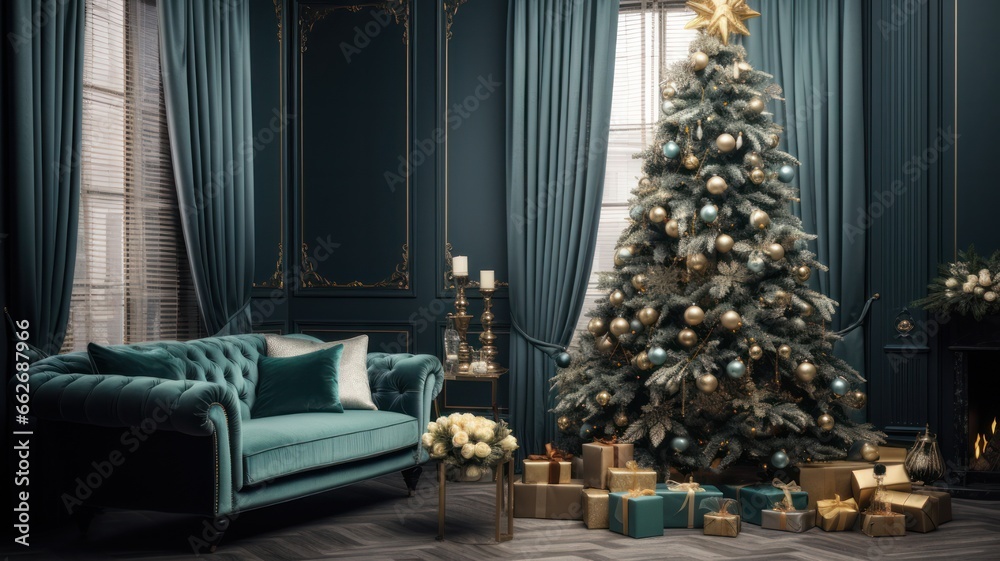 Luxurious Teal Christmas Tree adorns Cozy Living Room with Elegant Furniture and Fireside Ambiance.