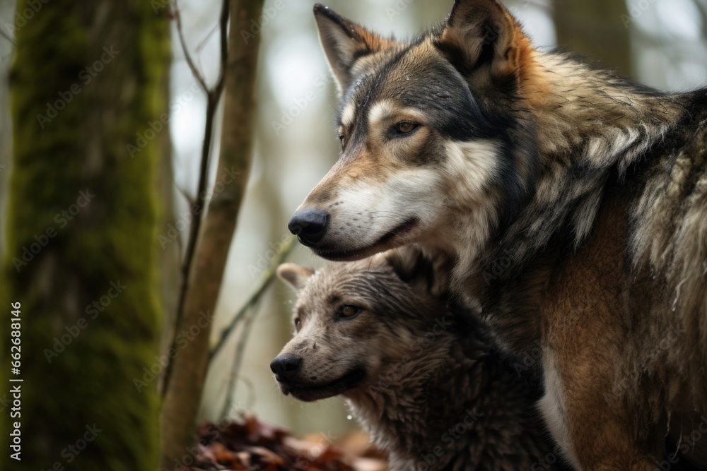 a wolf comforts its fellow being in the forest