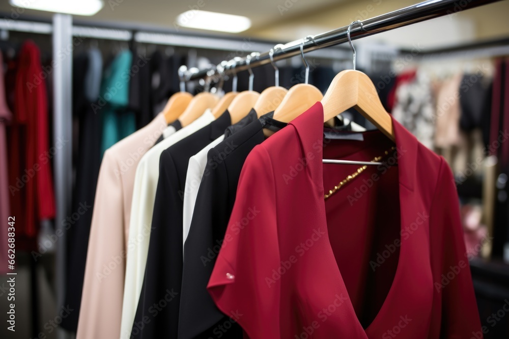 evening wear next to work attire on a clothes rack