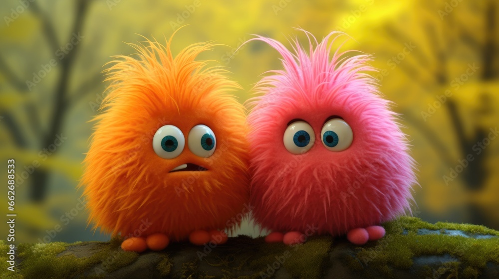 Most adorable orange autumn forest little cartoon like monsters made from colorful wool felt, walking outdoors and enjoying exploring together, round and fluffy cute bodies with big googly eyes. 