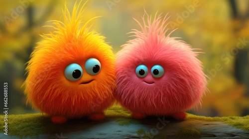 Most adorable orange autumn forest little cartoon like monsters made from colorful wool felt, walking outdoors and enjoying exploring together, round and fluffy cute bodies with big googly eyes. 