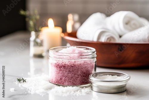 relaxing bath salts poured into a clear glass jar by the tub