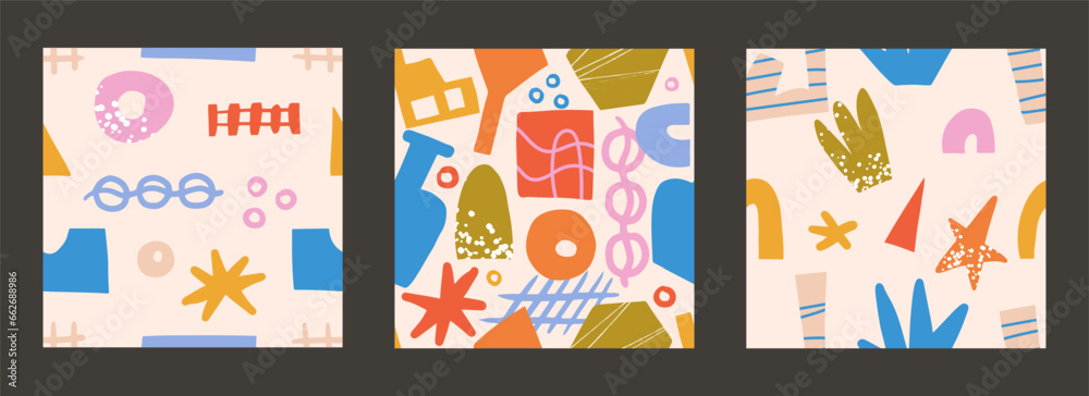 Abstract hand drawn doodle shapes seamless pattern set. Modern trendy repeating background with organic cartoon forms. Colored kids flat vector illustration for textile, fabric print