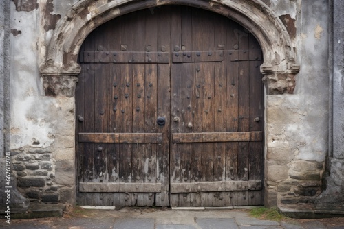 aged wooden church door with iron hinges
