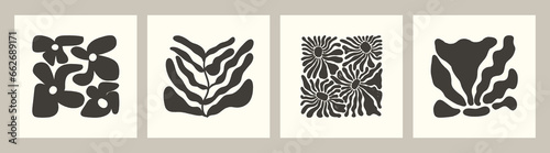 Modern Abstract Botanical Wall Art. Contemporary art prints with abstract flowers and leaves. Scandinavian style wallpaper, poster, card, brochure design. Vector illustration