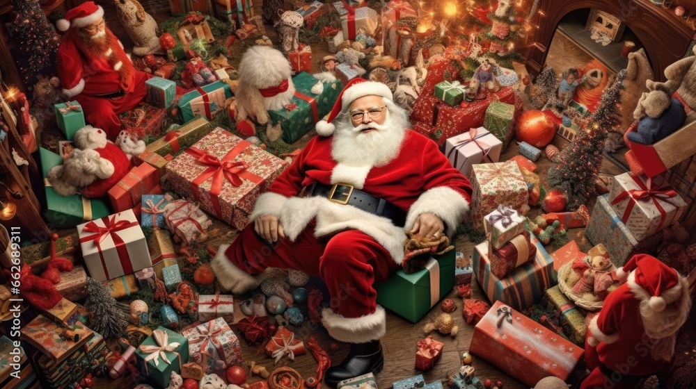 Santa Claus Relaxing Amidst Pile of Christmas Presents - obrazy, fototapety, plakaty 