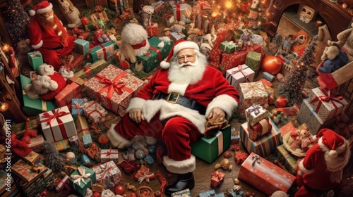 Santa Claus Relaxing Amidst Pile of Christmas Presents photo