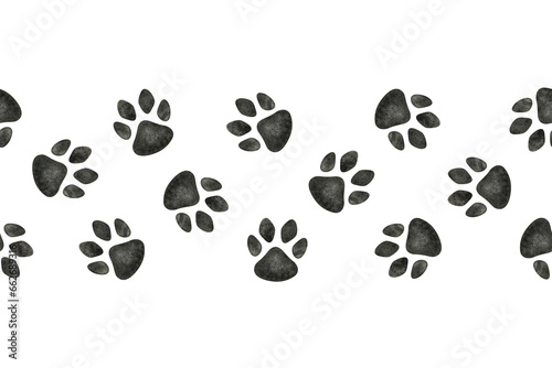 Dog or cat paw. Watercolor seamless border. Cute animal footprints for decoration, fabric, design, veterinary clinic, pet store, craft projects, logo, scrapbooking, pet tags.