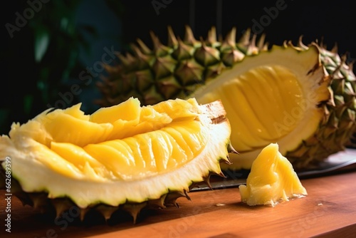 durian fruit opened exposing pulp photo