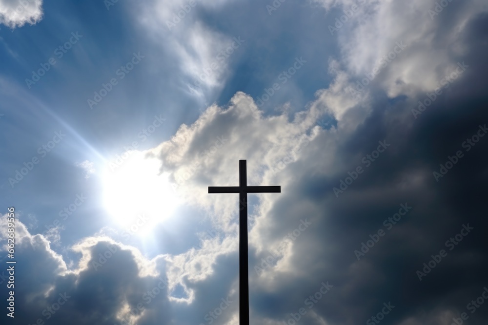 clouds parting and sunlight creating a natural spotlight on a cross