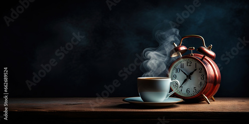 Vintage alarm clock and cup of coffee on the uniform dark backdrop with a copy space. Generative AI