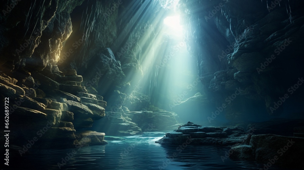 An artistic composition capturing the serenity of an underwater cave, with beams of sunlight penetrating the darkness and illuminating the hidden wonders within