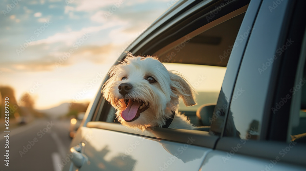 Happy Dog on road trip in car window Happy Dog on road trip in car window