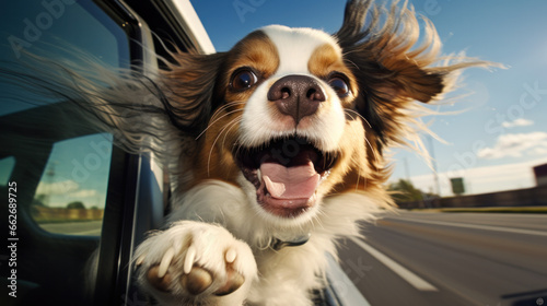 Happy Dog on road trip in car window © darkhairedblond