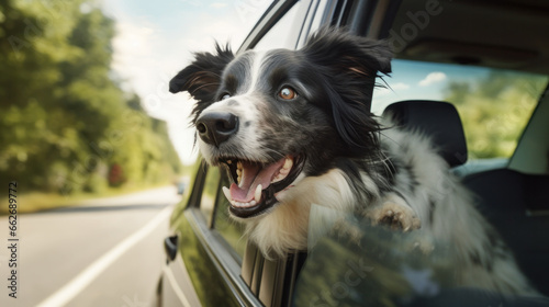 Happy Dog on road trip in car window © darkhairedblond