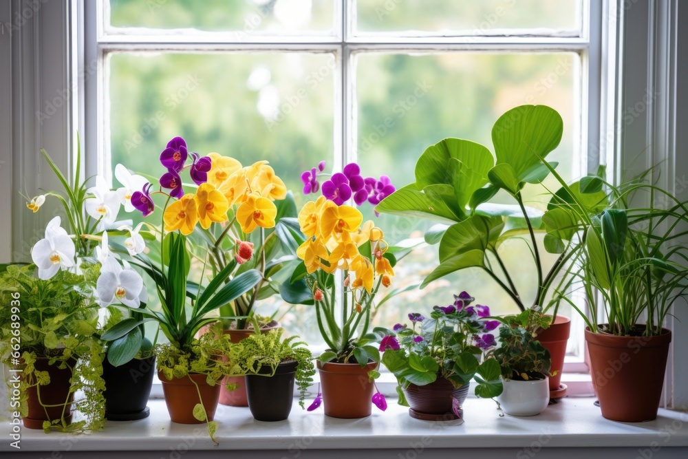 variety of flowering houseplants on a window sill
