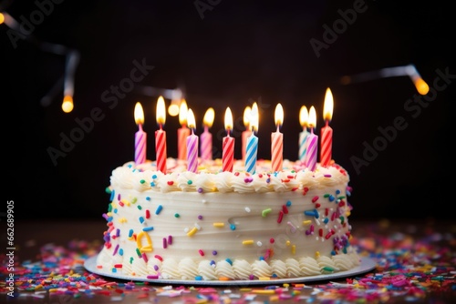 a homemade birthday cake with lit up candles