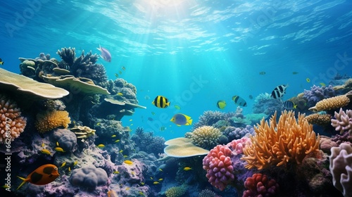 An HD image of a vibrant coral reef teeming with colorful fish, captured in crystal-clear waters, showcasing the intricate beauty of the underwater world