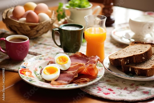 german breakfast with cold cuts, hard-boiled eggs, and whole grain bread