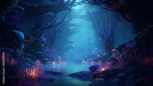 An underwater landscape showcasing the ethereal beauty of bioluminescent organisms lighting up the dark depths of the ocean, creating a surreal and enchanting scene © Abdul
